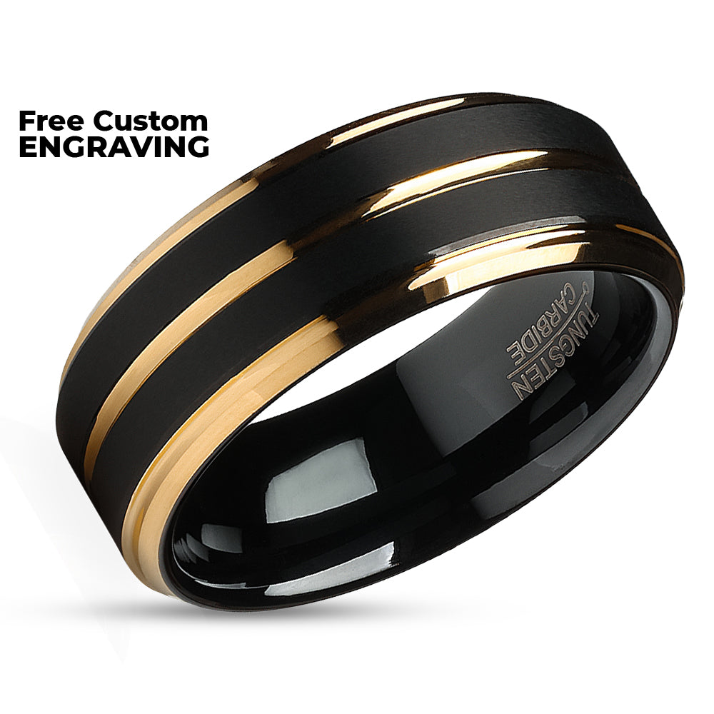 Black Tungsten Wedding Ring - Yellow Gold Ring - Tungsten Carbide Ring- Men & Women