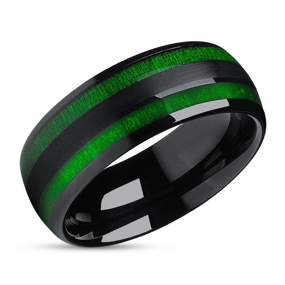 Green Tungsten Wedding Ring - Black Tungsten Ring - Black Wedding Ring - Green Ring
