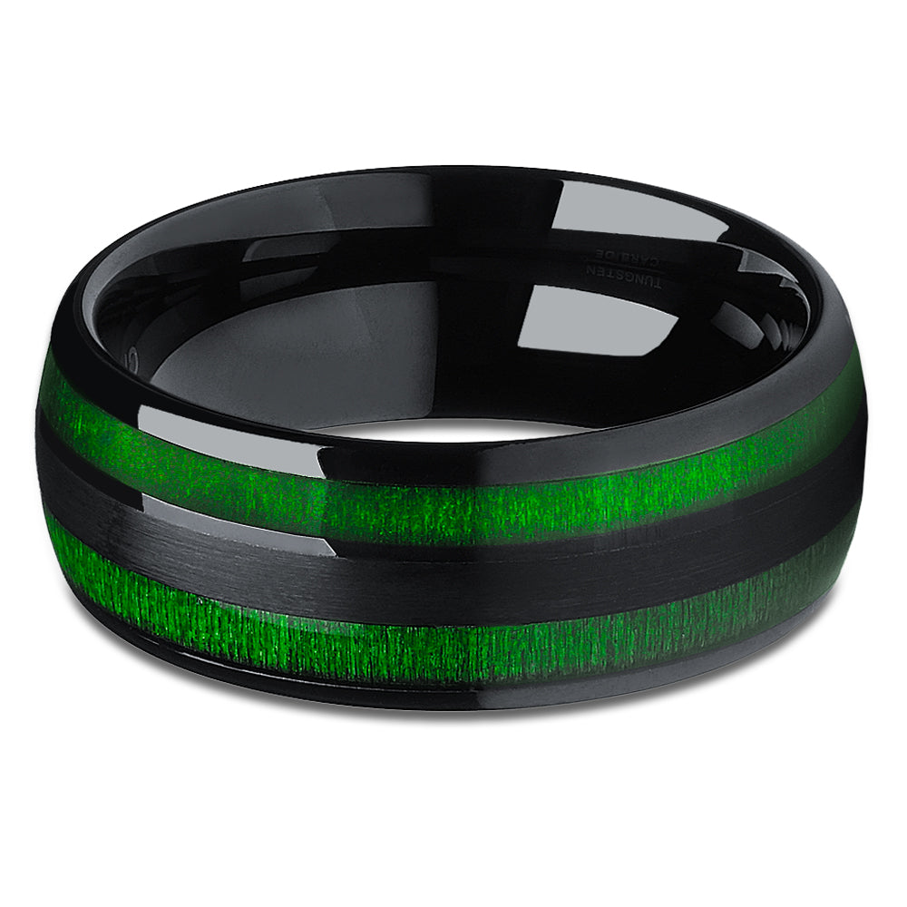 Green Tungsten Wedding Ring - Black Tungsten Ring - Black Wedding Ring - Green Ring