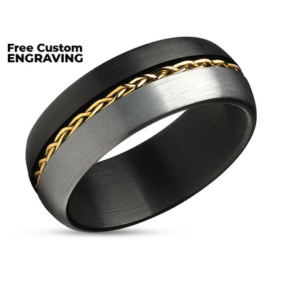 Black Tungsten Wedding Ring - Braid Ring - Gray Tungsten Ring - Yellow Gold Ring