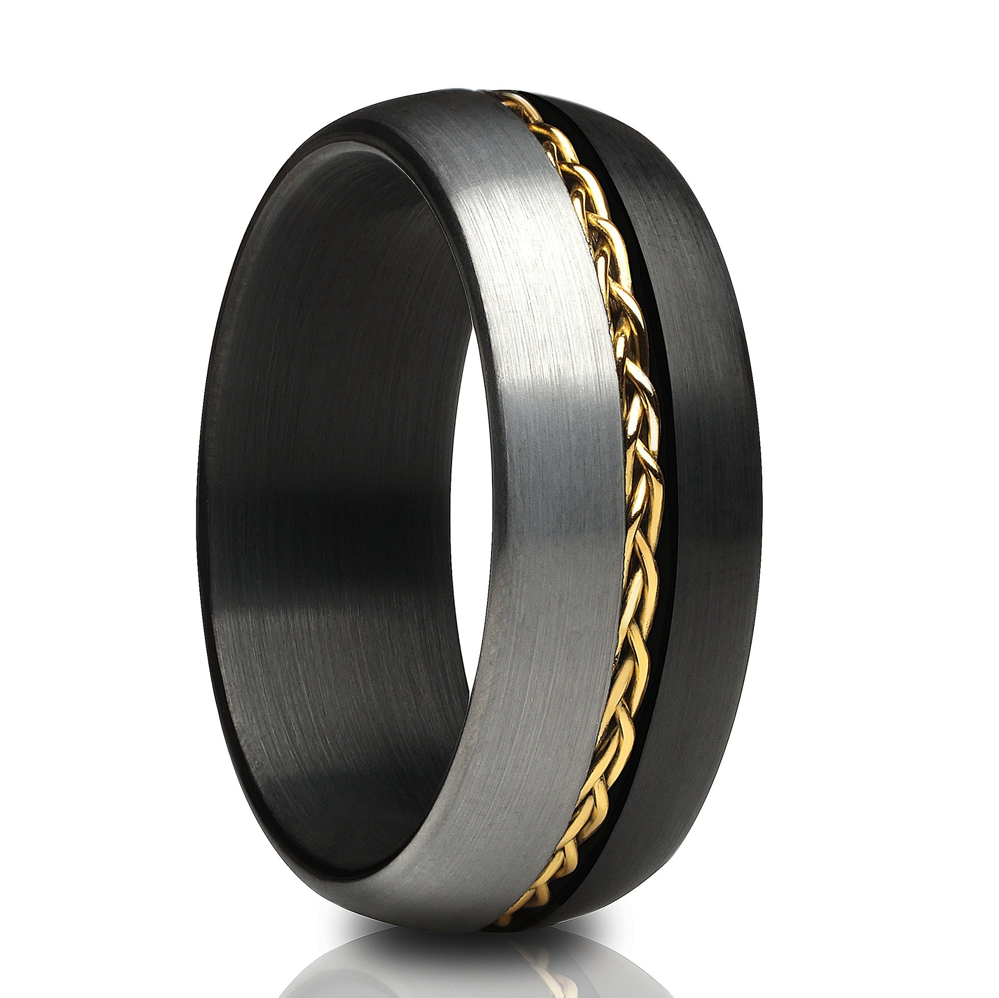 Black Tungsten Wedding Ring - Braid Ring - Gray Tungsten Ring - Yellow Gold Ring