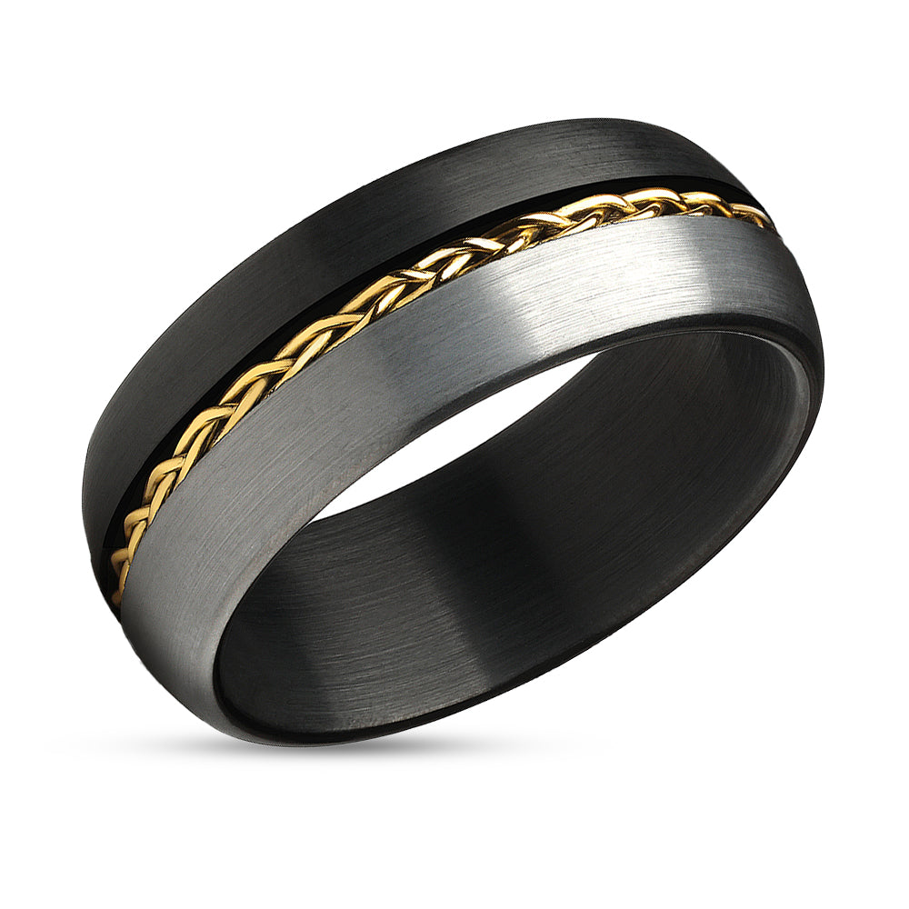 Black Tungsten Wedding Ring - Braid Ring - Gray Tungsten Ring - Yellow Gold Ring