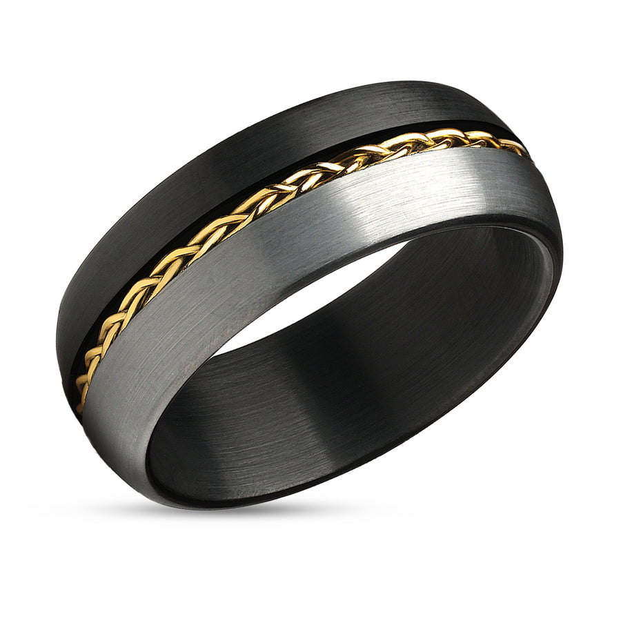 Black Tungsten Wedding Ring - Braid Ring - Gray Tungsten Ring - Yellow Gold Ring