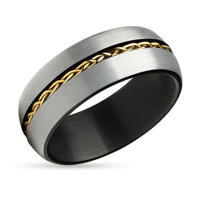 Black Tungsten Wedding Ring - Braid Ring - Yellow Gold Wedding Ring - Braid Ring