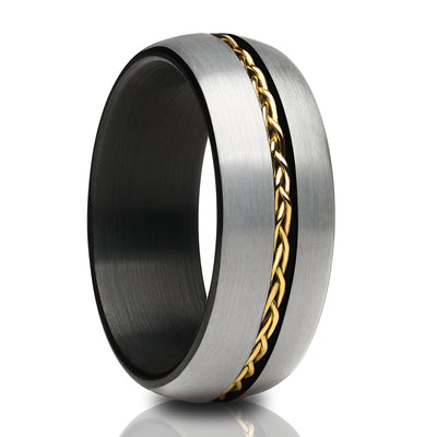 Black Tungsten Wedding Ring - Braid Ring - Yellow Gold Wedding Ring - Braid Ring