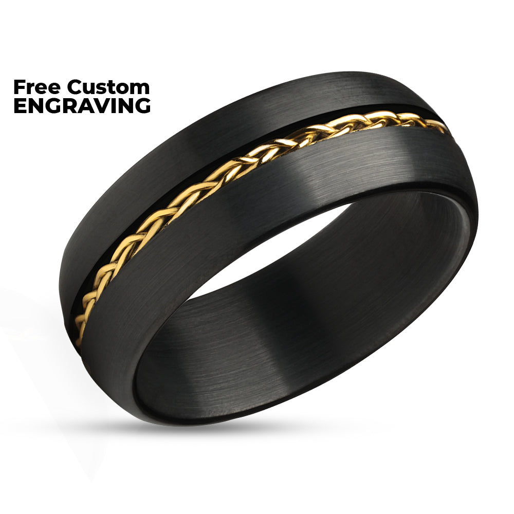 Black Wedding Ring - Yellow Gold Wedding Band - Braid Wedding Ring - Tungsten