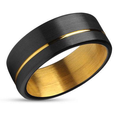 Yellow Gold Tungsten Ring - Black Wedding Ring - Matte Finished Ring - Black Tungsten Ring