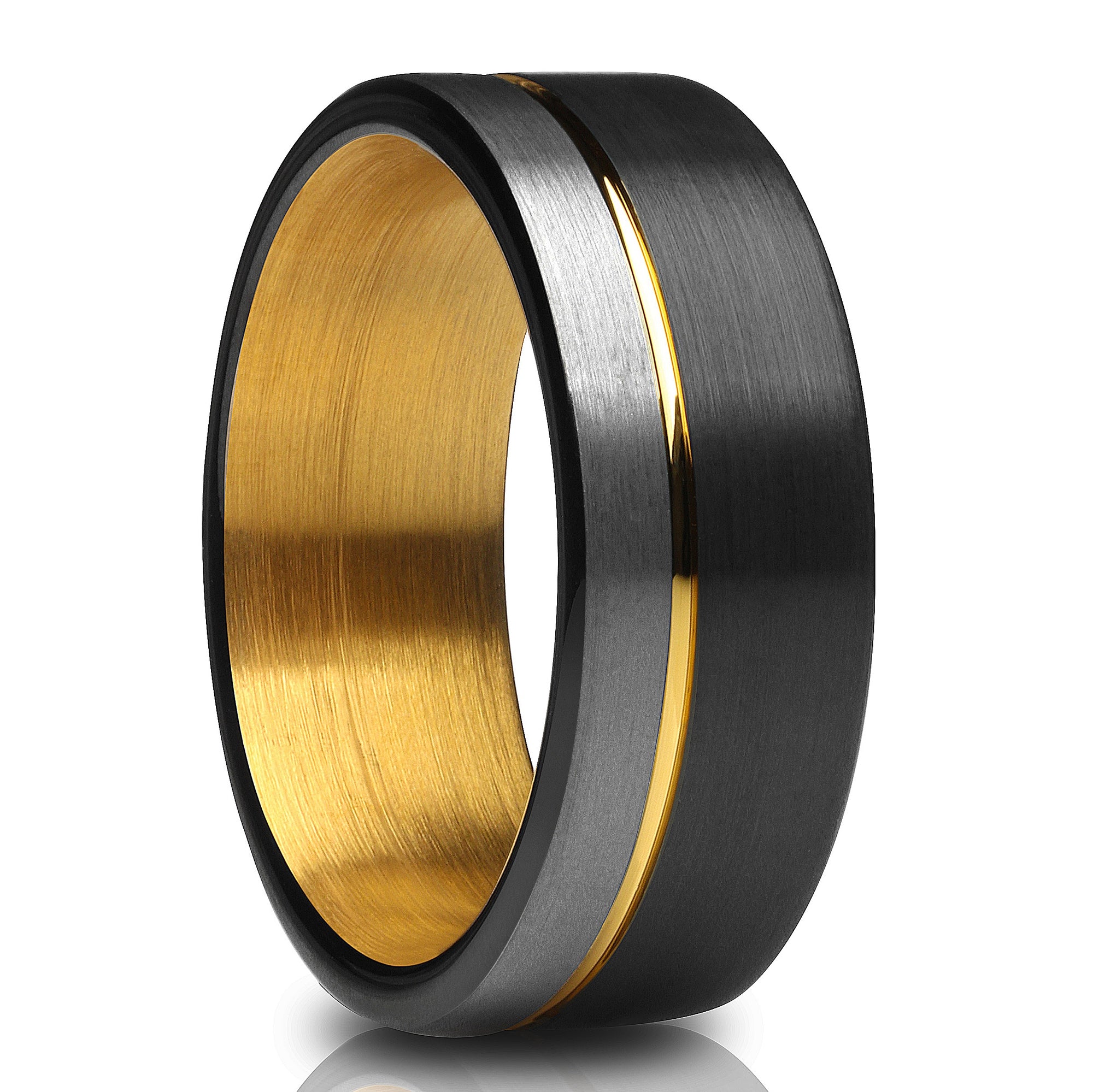 Black Wedding Band - Tungsten Wedding Ring - Yellow Gold Tungsten Ring - Black
