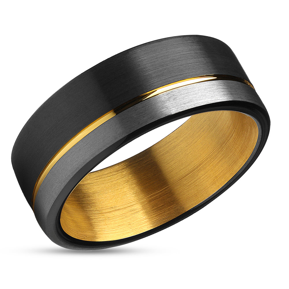 Black Wedding Band - Tungsten Wedding Ring - Yellow Gold Tungsten Ring - Black