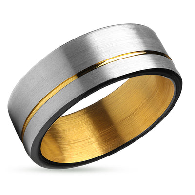 Yellow Gold Wedding Ring - Black Tungsten Ring - Black Wedding Ring - Matte Ring