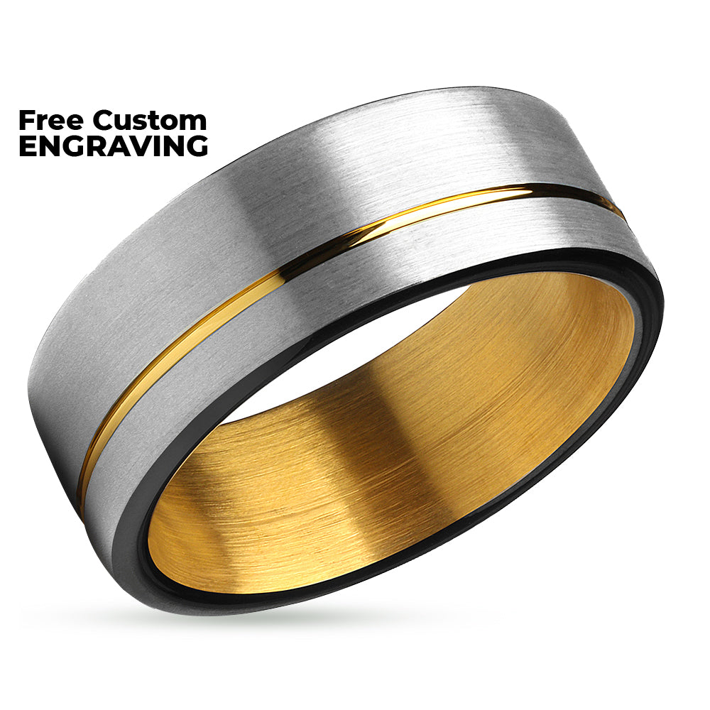 Yellow Gold Wedding Ring - Black Tungsten Ring - Black Wedding Ring - Matte Ring