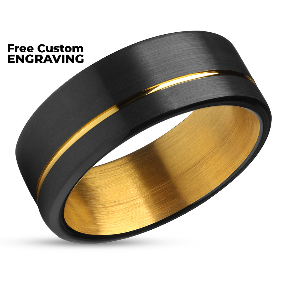 Yellow Gold Tungsten Ring - Black Wedding Ring - Matte Finished Ring - Black Tungsten Ring