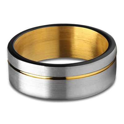 Yellow Gold Wedding Ring - Black Tungsten Ring - Black Wedding Ring - Matte Ring