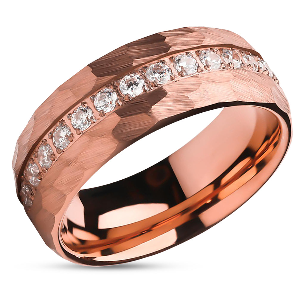 Rose Gold Wedding Ring - 8mm Wedding Ring - CZ Wedding Ring - Man's Ring - Hammered