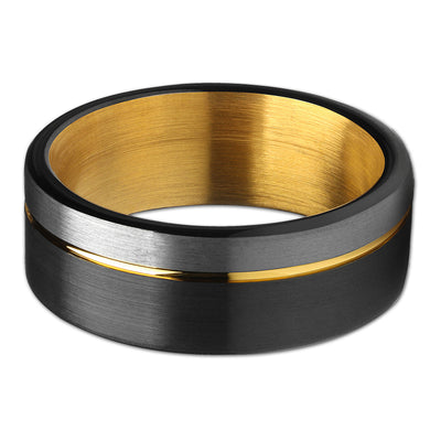 Black Wedding Band - Tungsten Wedding Ring - Yellow Gold Tungsten Ring - Black