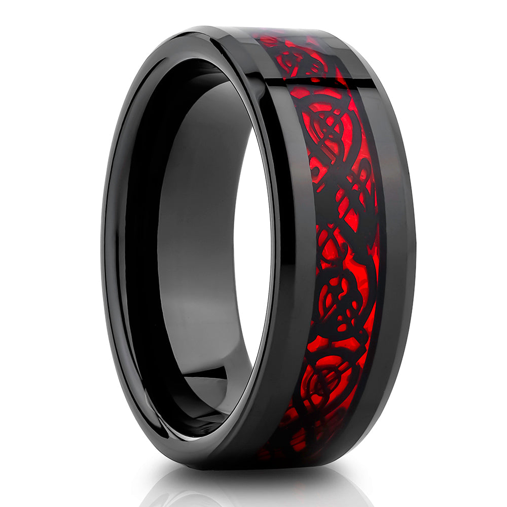 Dragon Wedding Ring - Red Dragon Ring - Tungsten Wedding Ring - Black Tungsten Ring