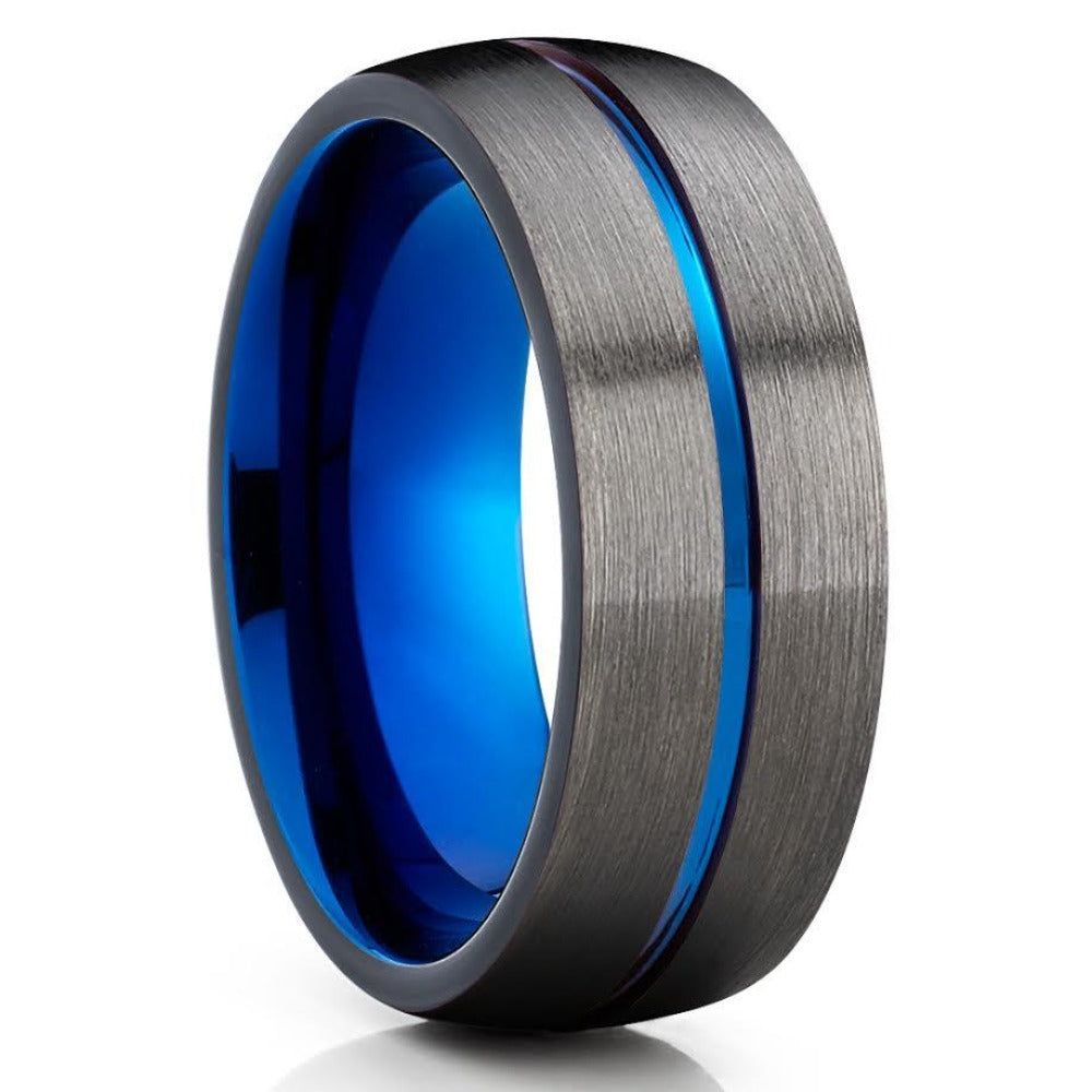 Men's Blue Tungsten Ring - Women's Tungsten Wedding Band - Gunmetal Ring - Brush