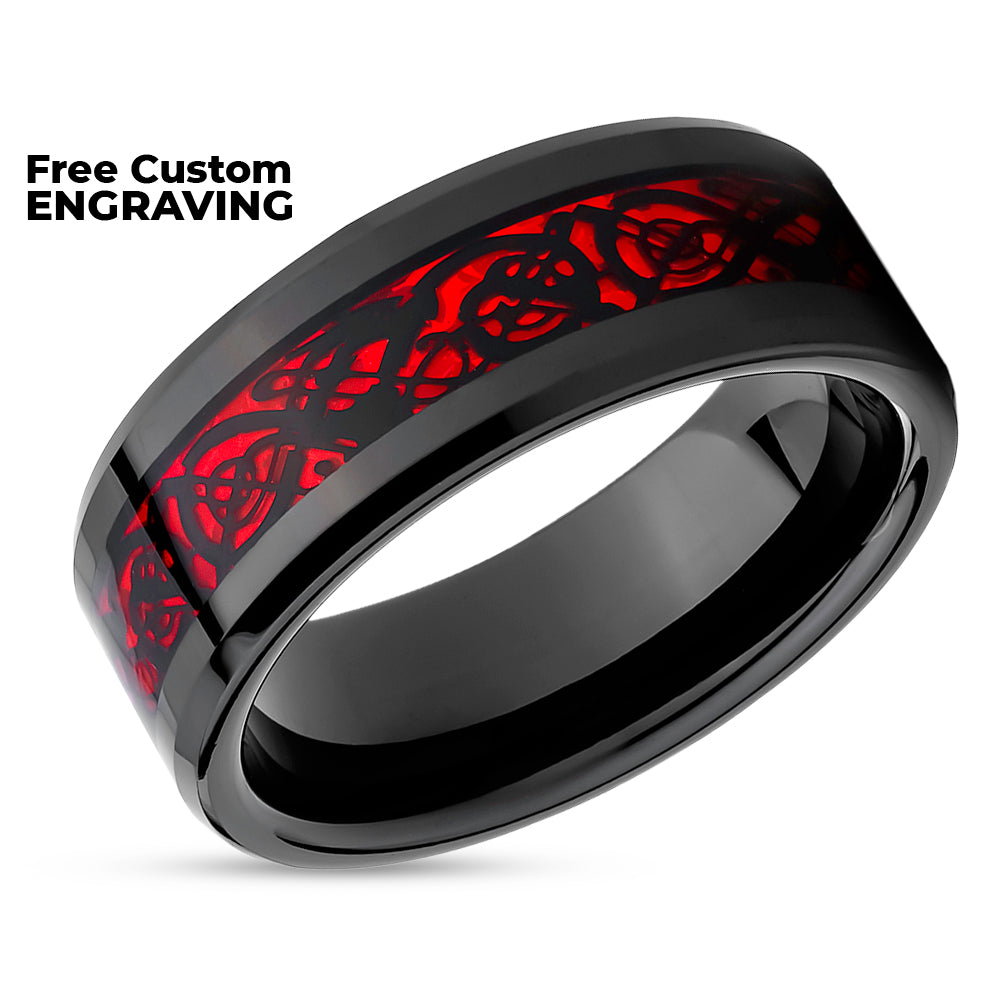 Dragon Wedding Ring - Red Dragon Ring - Tungsten Wedding Ring - Black Tungsten Ring