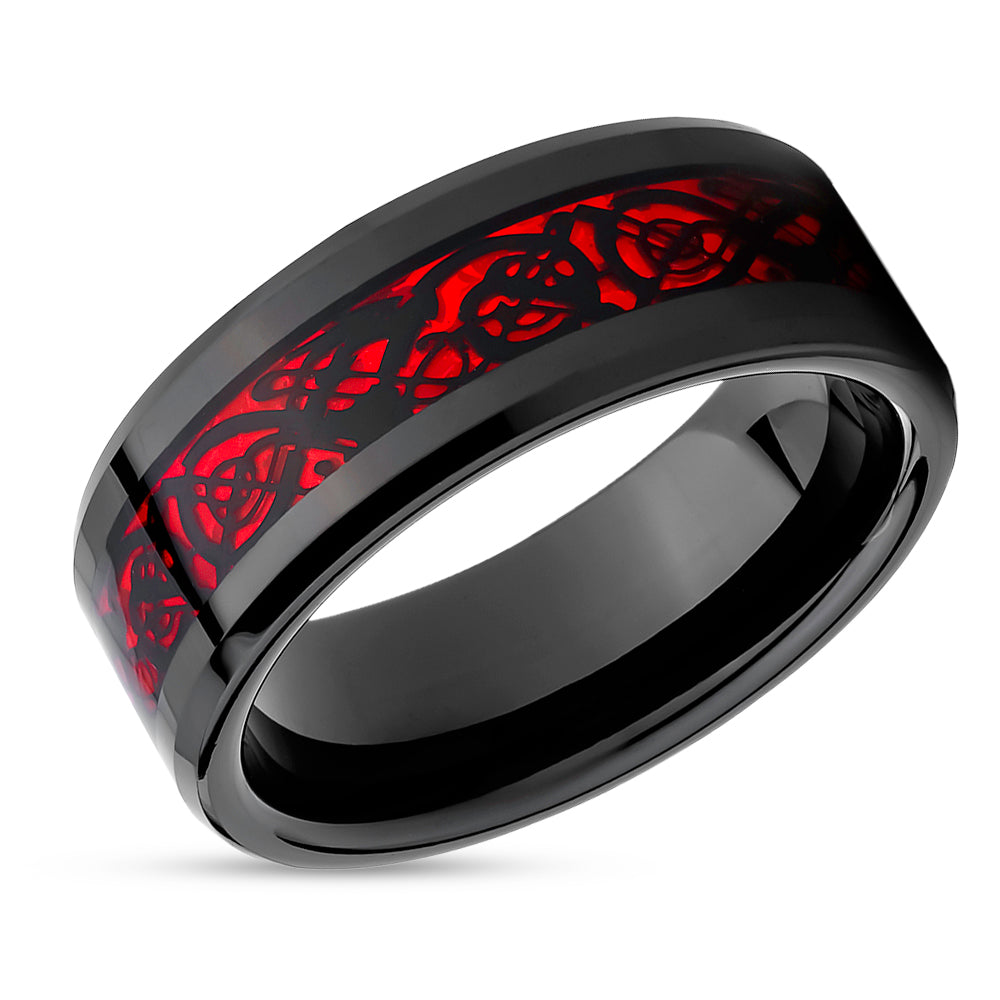 Dragon Wedding Ring - Red Dragon Ring - Tungsten Wedding Ring - Black Tungsten Ring