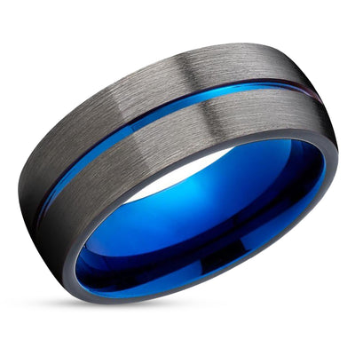 Men's Blue Tungsten Ring - Women's Tungsten Wedding Band - Gunmetal Ring - Brush