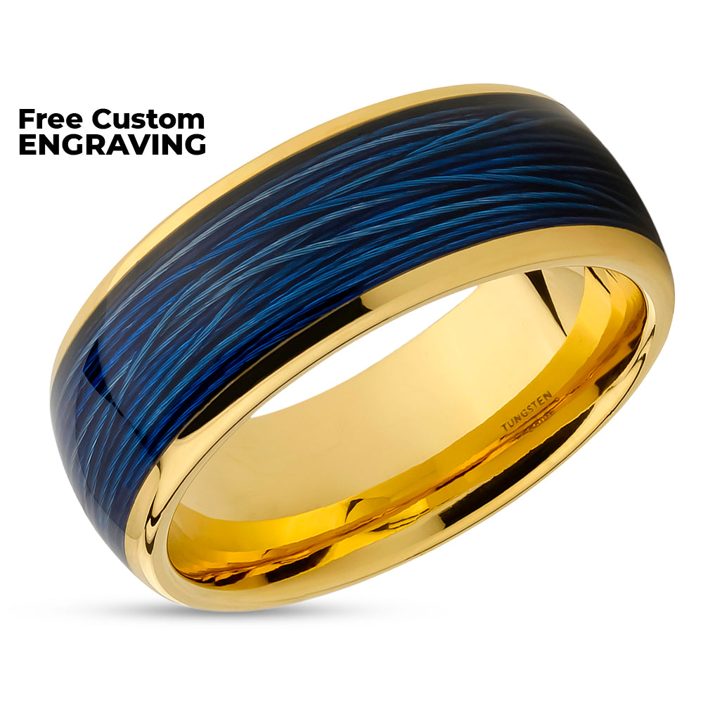 Wire Design Ring - Blue Tungsten Ring - Yellow Gold Ring - 8mm Wedding Ring - Band
