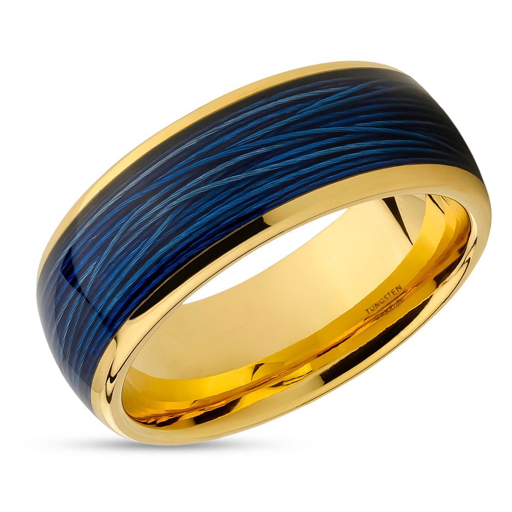 Wire Design Ring - Blue Tungsten Ring - Yellow Gold Ring - 8mm Wedding Ring - Band