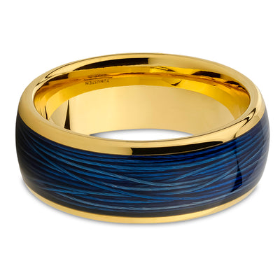 Wire Design Ring - Blue Tungsten Ring - Yellow Gold Ring - 8mm Wedding Ring - Band