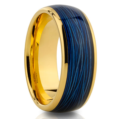 Wire Design Ring - Blue Tungsten Ring - Yellow Gold Ring - 8mm Wedding Ring - Band
