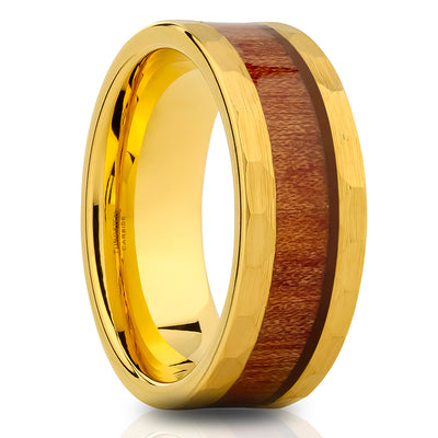 Yellow Gold Wedding Ring - Koa Wood Ring - 8mm Wedding Ring - Tungsten Ring - Hammered