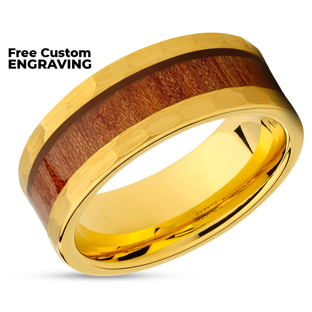 Yellow Gold Wedding Ring - Koa Wood Ring - 8mm Wedding Ring - Tungsten Ring - Hammered