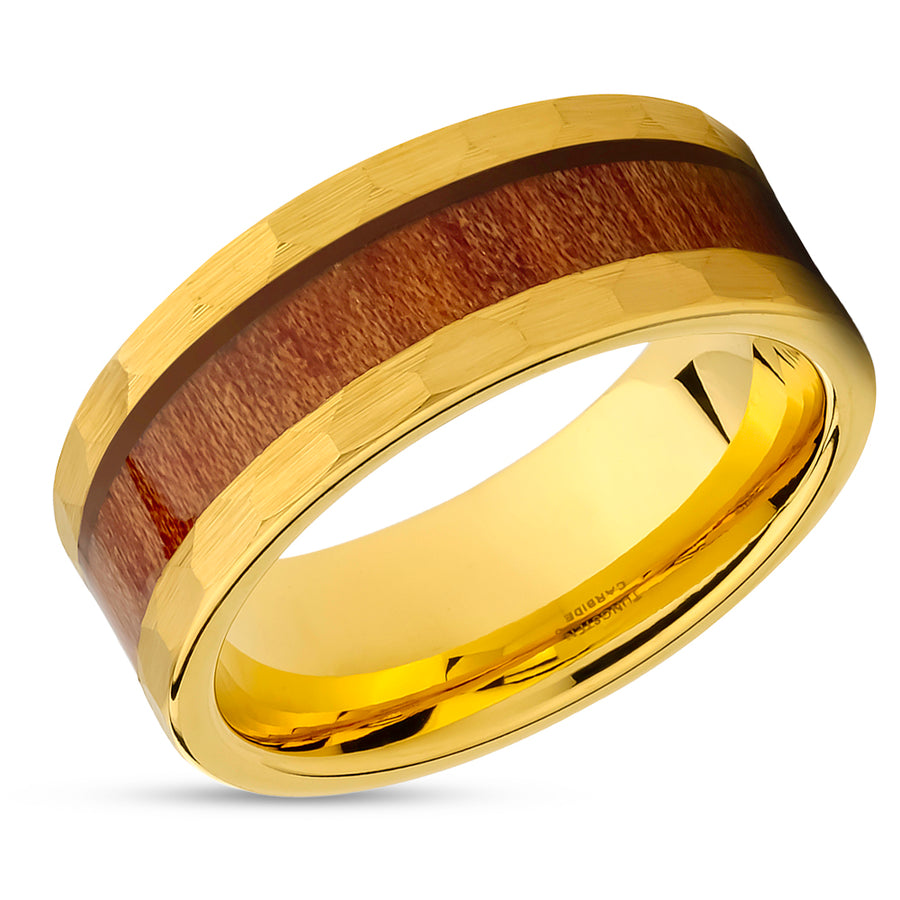 Yellow Gold Wedding Ring - Koa Wood Ring - 8mm Wedding Ring - Tungsten Ring - Hammered