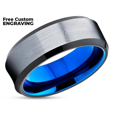 Blue Wedding band - Black Tungsten Ring - Tungsten Carbide Ring - Blue Band - Black