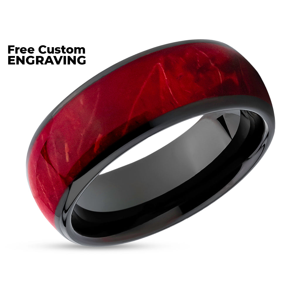Burl Wedding Ring - Black Tungsten Ring - 8mm Wedding Ring - Red Burl Wedding Ring - Band