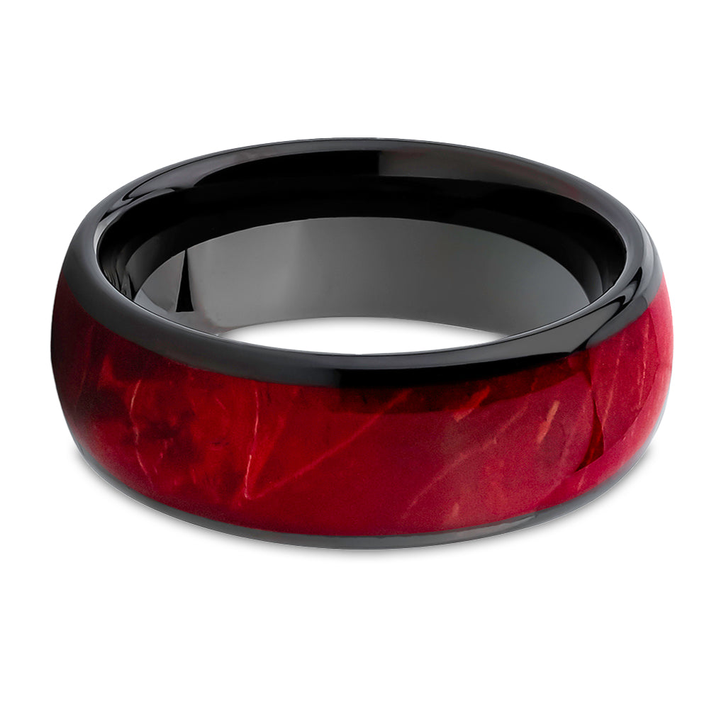 Burl Wedding Ring - Black Tungsten Ring - 8mm Wedding Ring - Red Burl Wedding Ring - Band