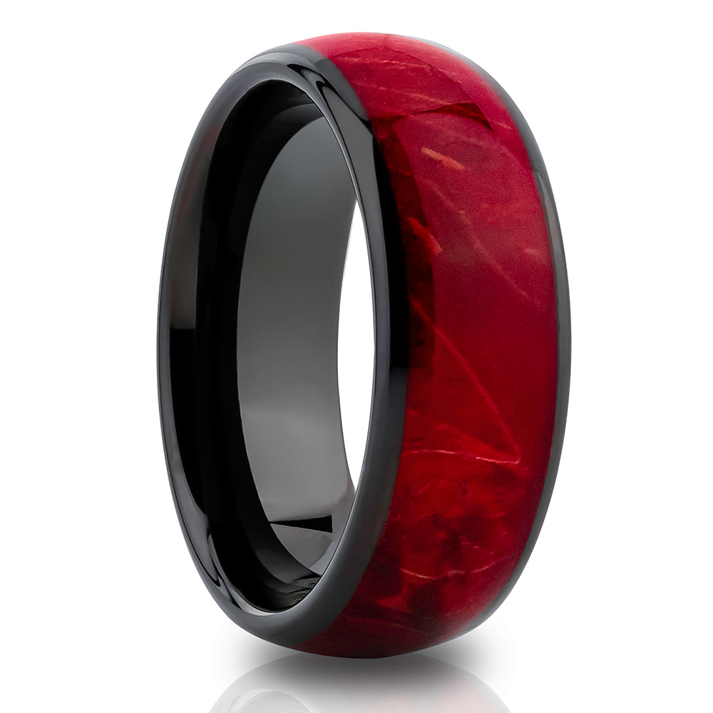 Burl Wedding Ring - Black Tungsten Ring - 8mm Wedding Ring - Red Burl Wedding Ring - Band