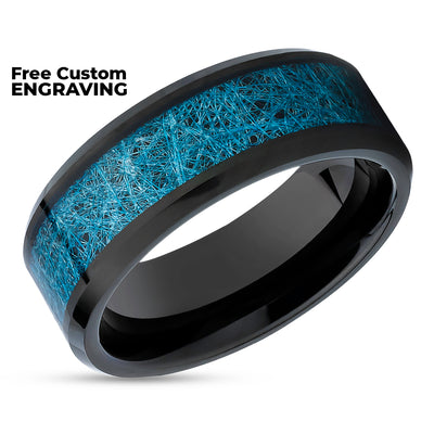 Meteorite Tungsten Wedding Ring - Blue Meteorite Ring - Black Wedding Ring - Meteorite Ring