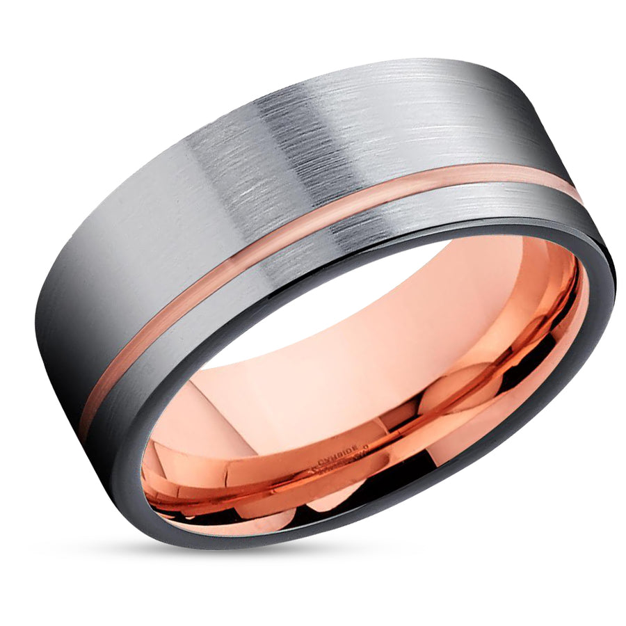 Rose Gold Tungsten Ring - Brush - Tungsten Wedding Band - Black Tungsten - 18k
