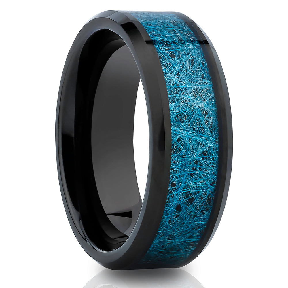 Meteorite Tungsten Wedding Ring - Blue Meteorite Ring - Black Wedding Ring - Meteorite Ring