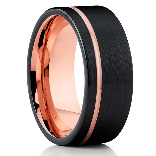Rose Gold Tungsten Ring - Rose Gold Tungsten Wedding Band - Black Ring - 18k - Black Ring