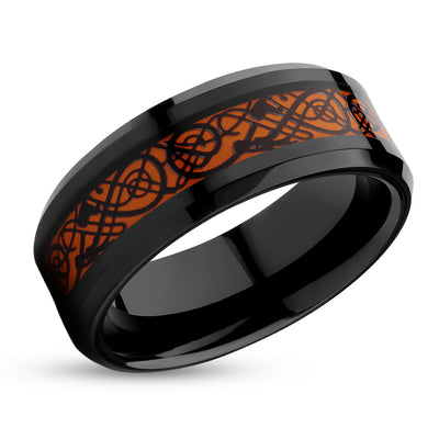 Dragon Wedding Ring - Orange Tungsten Ring - Black Wedding Ring - Anniversary Ring - Black Ring