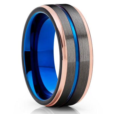 Rose Gold Wedding Ring - Gunmetal Wedding Ring - Blue Tungsten Ring - 18K Rose Gold