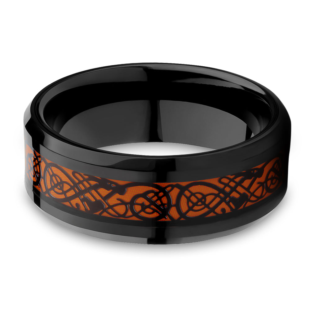 Dragon Wedding Ring - Orange Tungsten Ring - Black Wedding Ring - Anniversary Ring - Black Ring