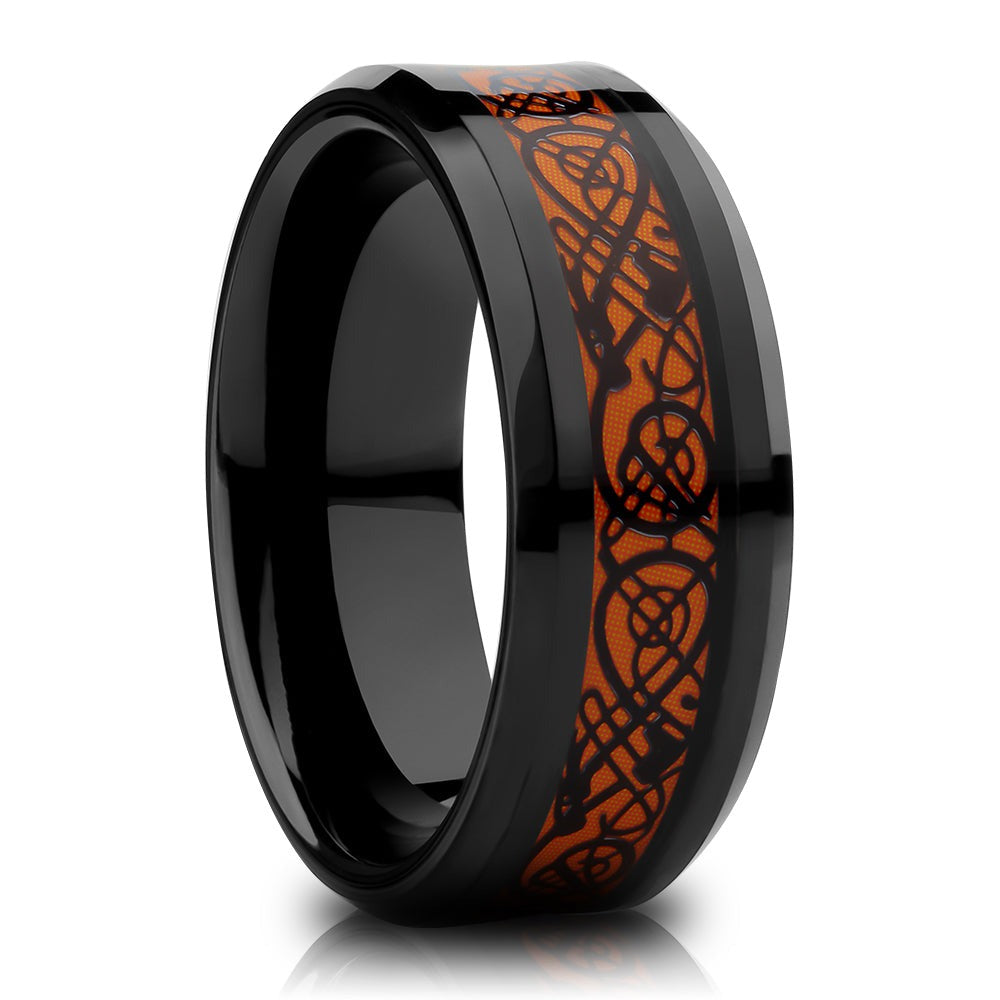 Dragon Wedding Ring - Orange Tungsten Ring - Black Wedding Ring - Anniversary Ring - Black Ring