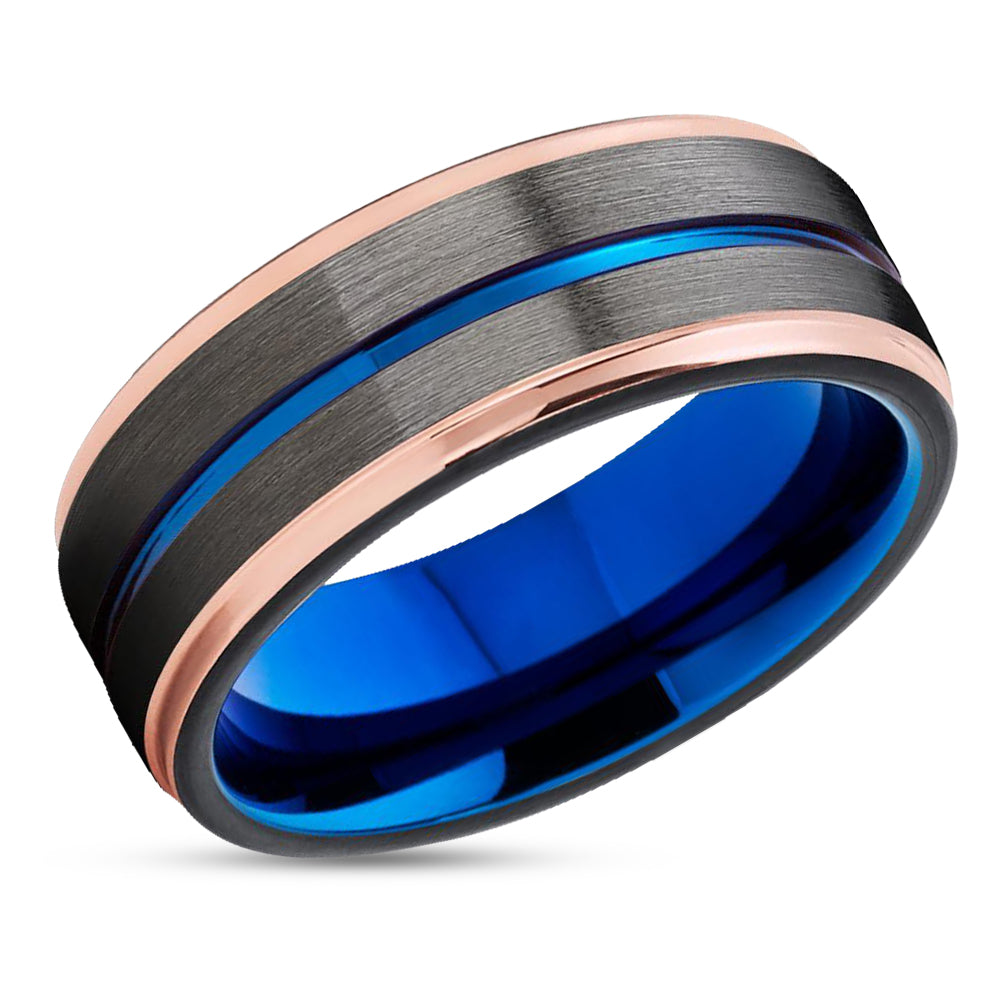 Rose Gold Wedding Ring - Gunmetal Wedding Ring - Blue Tungsten Ring - 18K Rose Gold