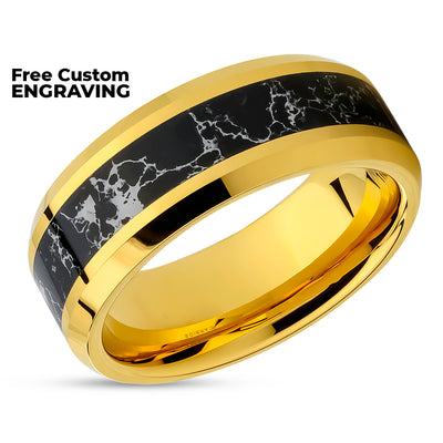 Black Turquoise Wedding Ring - Yellow Gold Tungsten Ring - Wedding Ring - Turquoise Ring