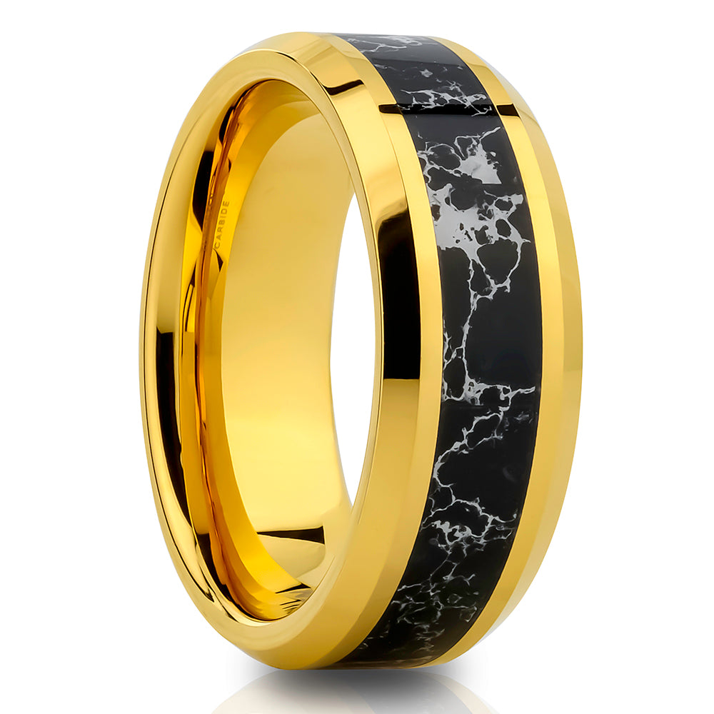 Black Turquoise Wedding Ring - Yellow Gold Tungsten Ring - Wedding Ring - Turquoise Ring