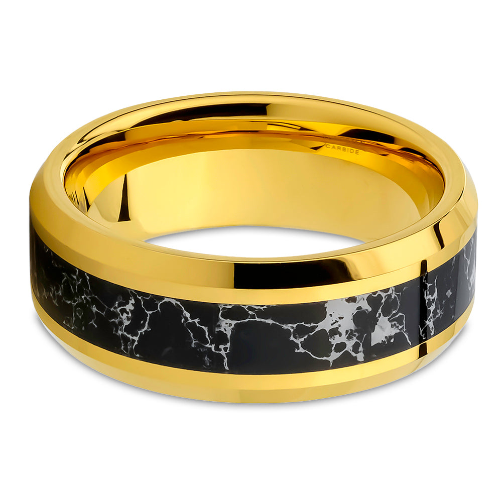 Black Turquoise Wedding Ring - Yellow Gold Tungsten Ring - Wedding Ring - Turquoise Ring