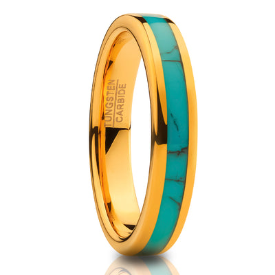 4mm Wedding Ring - Yellow Gold Wedding Band- Turquoise Tungsten Ring - Engagement Ring