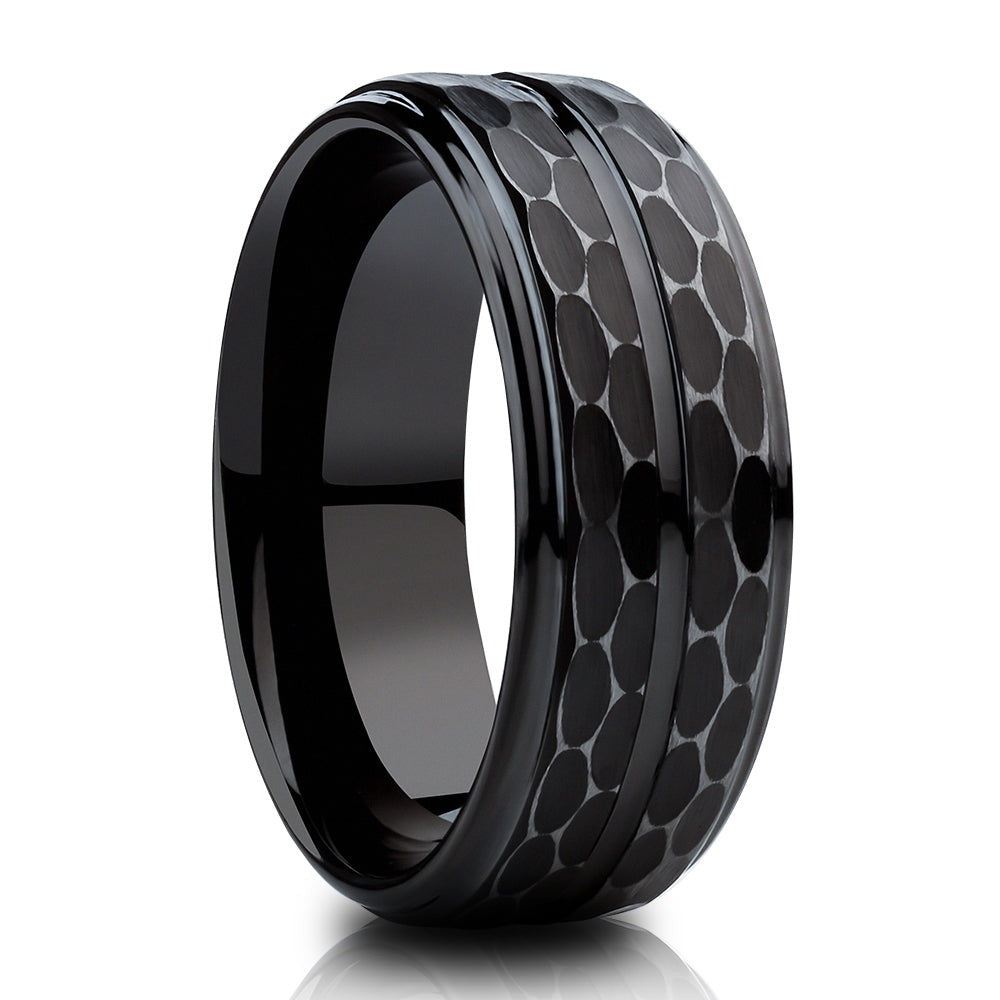 Black Tungsten Ring - 8mm Wedding Ring - Hammered Black Tungsten Ring - Black Wedding Ring