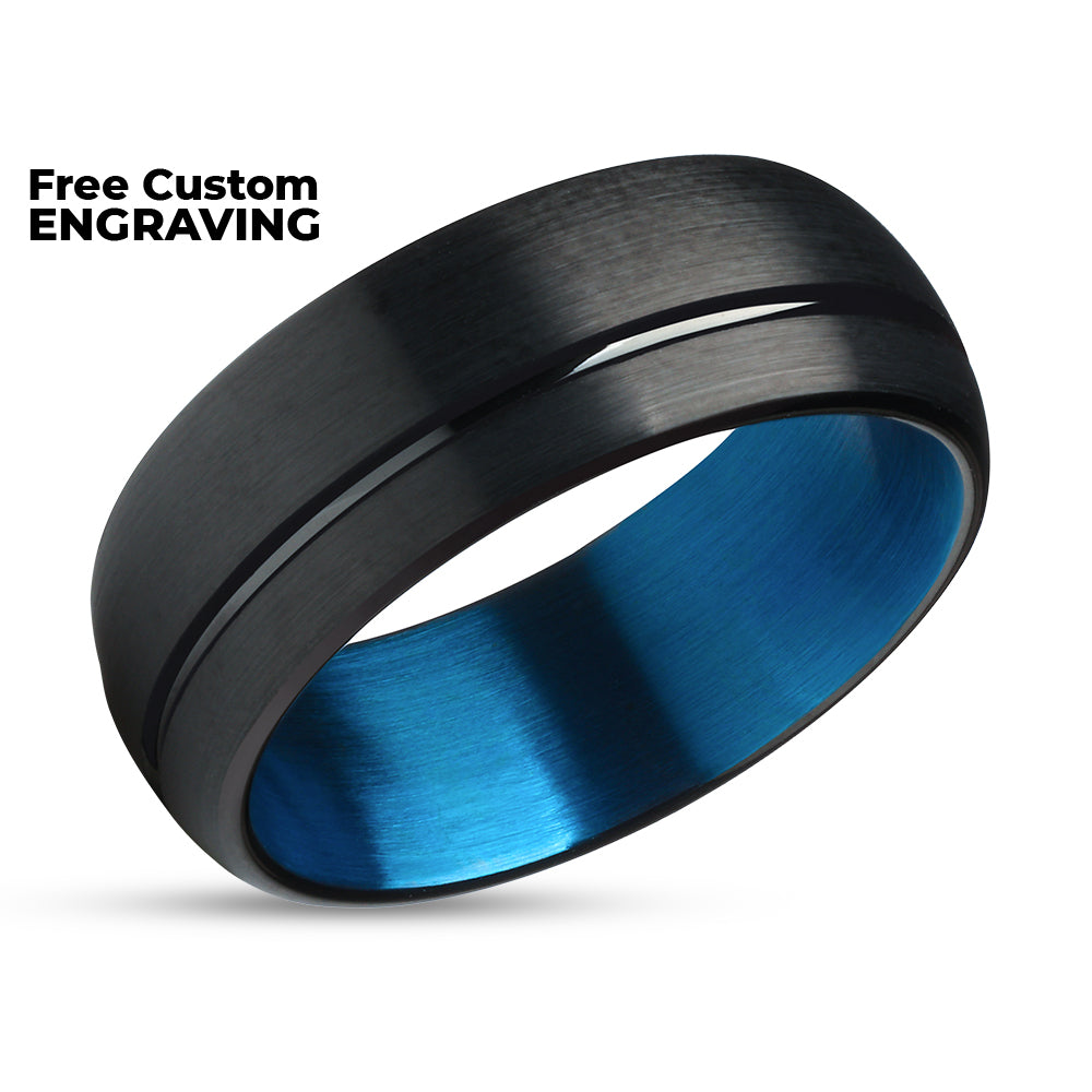 Black Wedding Ring - Blue Tungsten Ring - Tungsten Wedding Ring - Blue Tungsten Band